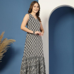 New Rayon Floral Printed Sleeveless Fit and Flared Maxi Dress for Women