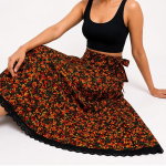 Women's Floral Printed Wrap Skirt with Lace Border | Adjustable Tie-Up Midi Skirt