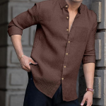 Men's Shirt Regular Fit Solid Pattern Linen Cotton with Long Sleeve